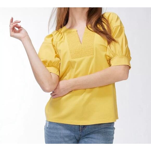 Chico’s Boho Puff Smocked Short Sleeves Blouse Sz 1 US M Mustard V Neck‎ Shirt - Picture 1 of 9